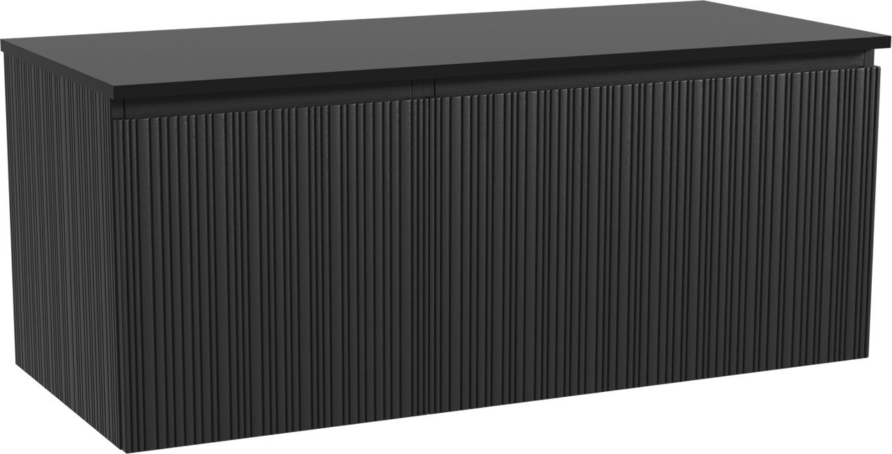 Storke Ribs zwevend badmeubel 120 x 52 cm zwart eiken met Panton enkel of dubbel wastafelblad in gepoedercoate mdf mat zwart, Verticale asymmetrische rechte ribbel