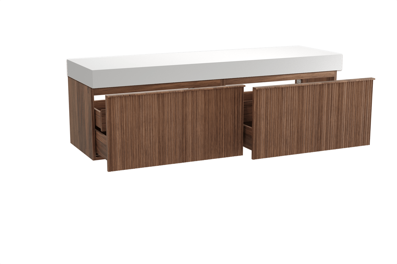 Balmani Forma zwevend badkamermeubel 180 x 55 cm amerikaanse notelaar met Dominus enkel of dubbel tablet in solid surface mat wit, Verticale asymmetrische ronde ribbel