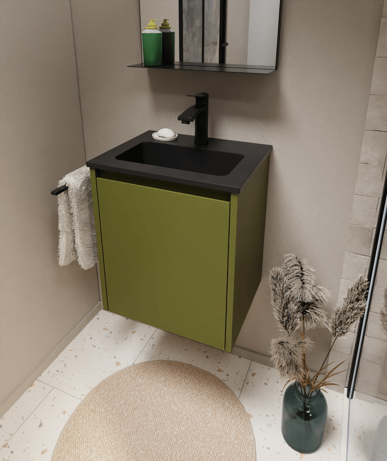 Storke Seda zwevende wastafelonderkast 45 x 35 cm olijfgroen deur