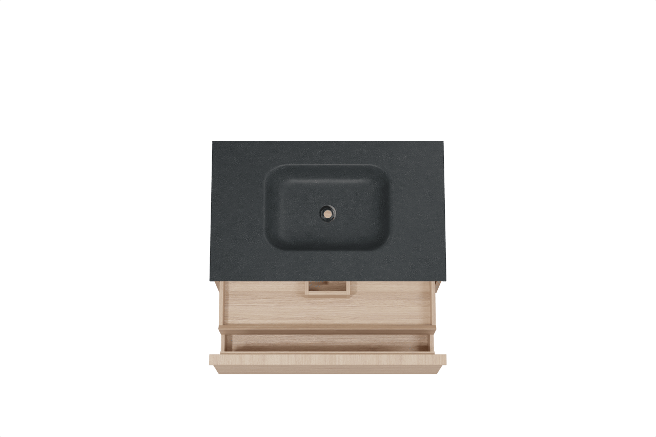 Balmani Forma hängendes Möbelstück Set: 90 x 55 cm, Naturbelassene Eiche, mit Tablo Arcato Einzelwaschtisch, Granit, Schwarzes Granit, Horizontale symmetrische gerade Rippe