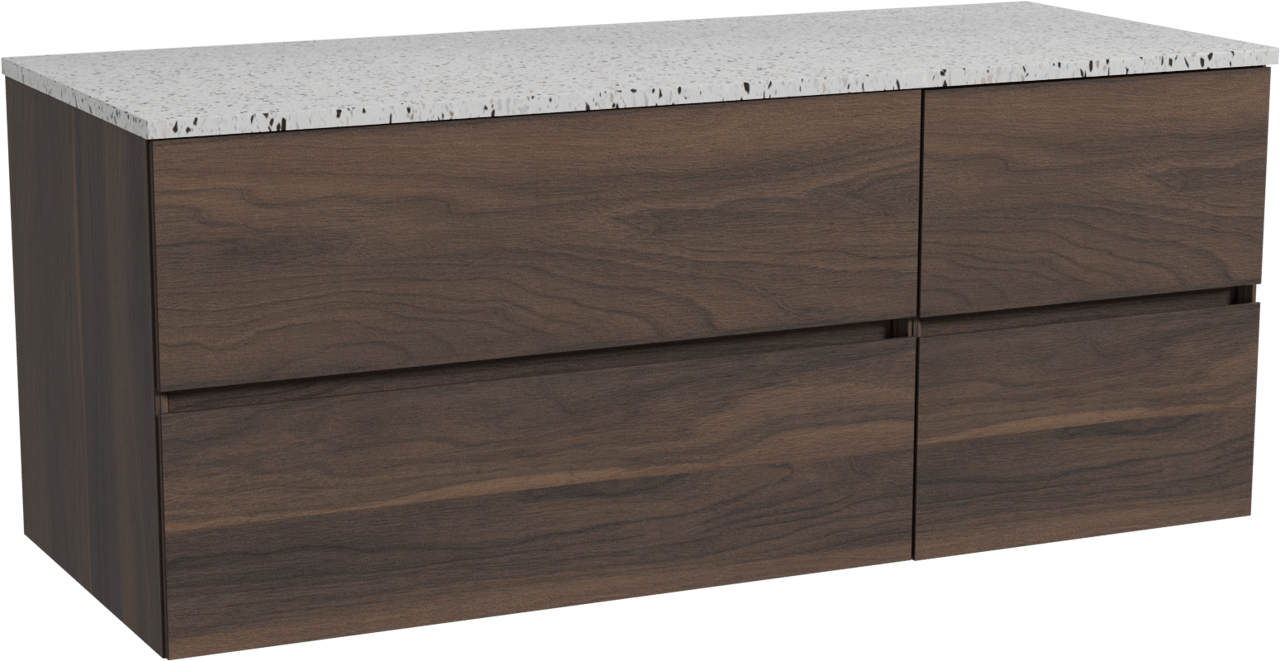 Storke Edge hängendes Möbelstück Set: 130 x 52 cm, Nussbaum, mit Tavola Einzel- oder Doppel Waschtischplatte, Terrazzo in Weiß/Schwarz matt