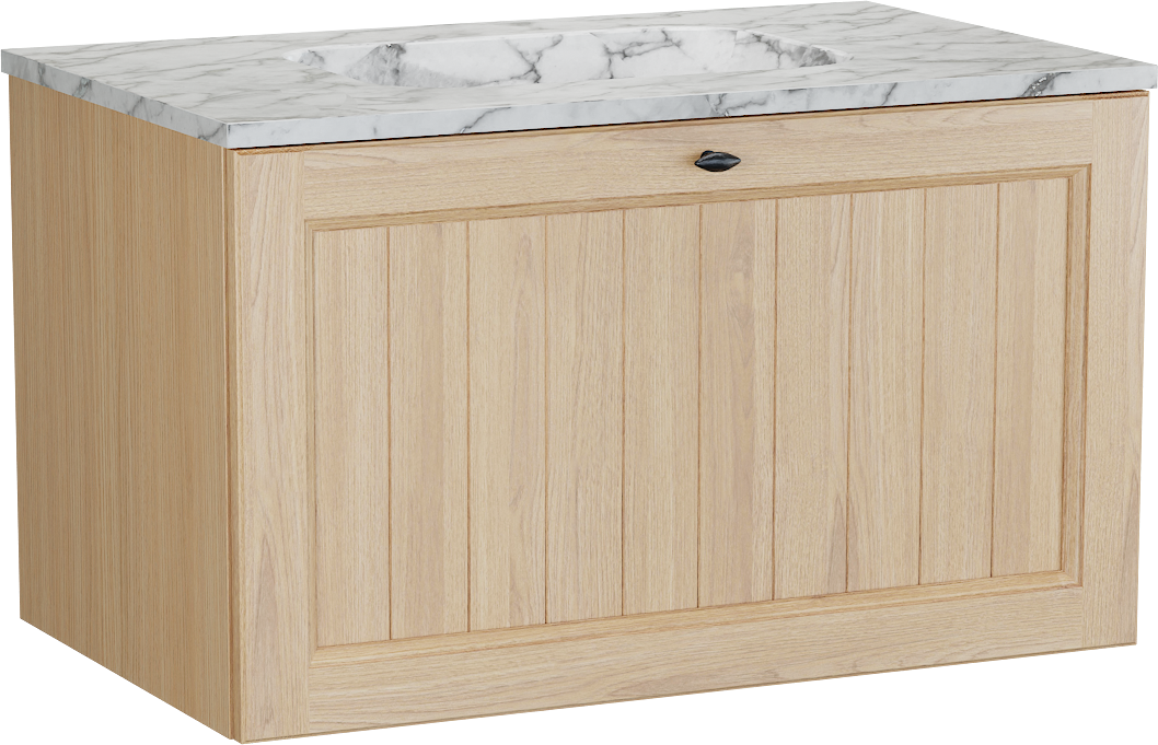 Balmani Lemon zwevend badkamermeubel 90 x 55 cm, fineer natuur eik met Tablo Arcato enkele wastafel in carrara