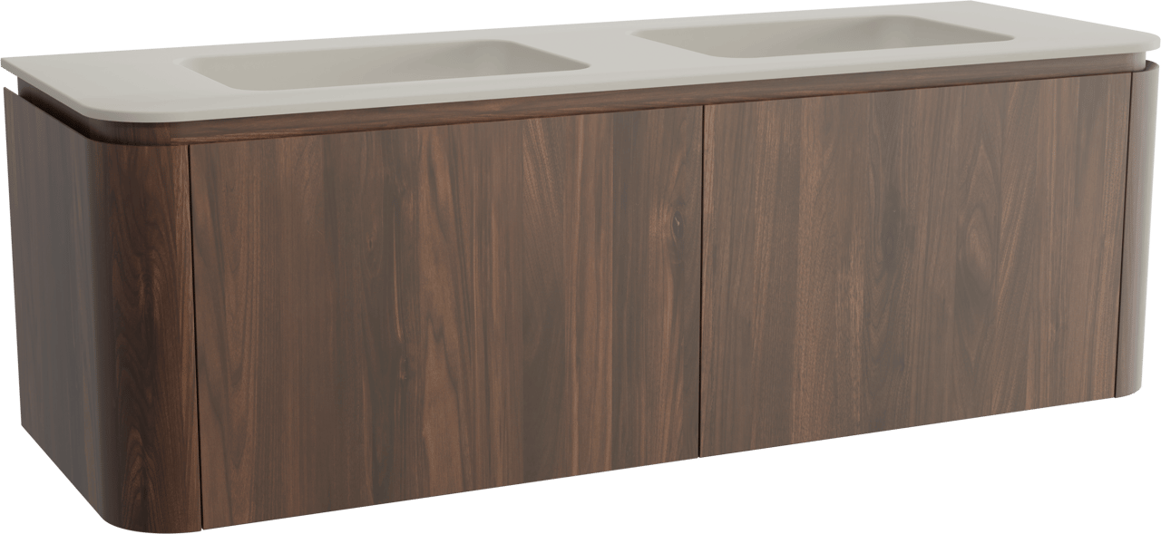 Balmani Moon hängendes Möbelstück Set: 160 x 55 cm, Amerikanischer Nussbaum, mit Moon Doppelwaschtisch, Top Solid Seidengrau