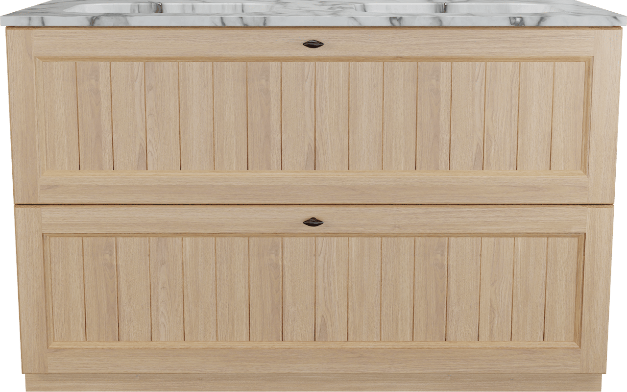 Balmani Lemon freistehendes Möbelstück Set: 135 x 55 cm, Naturbelassene Eiche Furnier, mit Tablo Arcato Doppelwaschtisch, Carrara