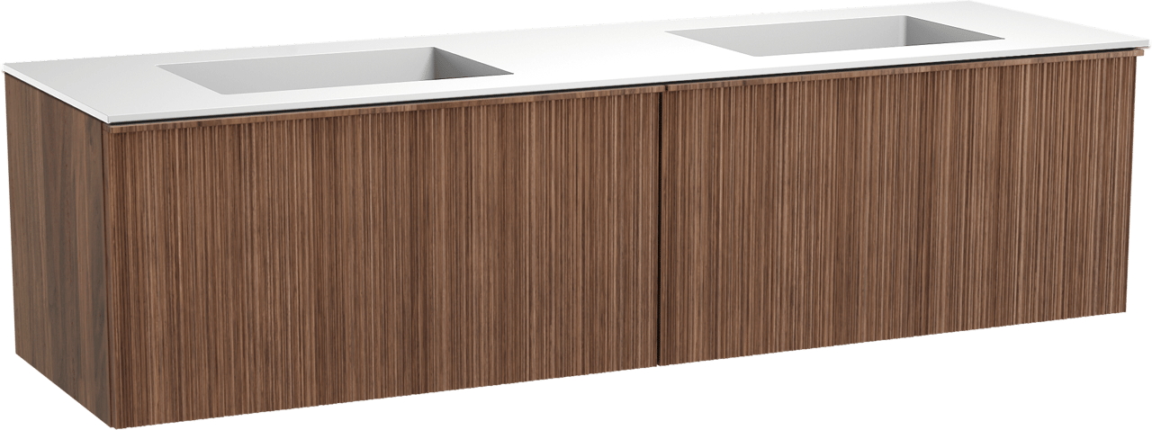 Balmani Forma hängendes Möbelstück Set: 180 x 55 cm, Amerikanischer Nussbaum, mit Tablo Stretto Doppelwaschtisch, Solid Surface, Weiß matt, Vertikale asymmetrische Runde Rippe