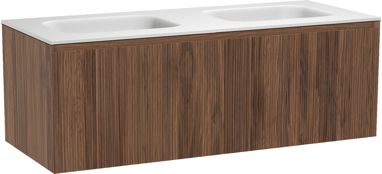 Balmani Fila meuble salle de bains suspendu 135 x 55 cm noyer avec Tablo Arcato double vasque en solid surface blanc mat, Nervure droite symétrique verticale