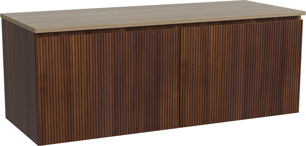 Storke Ribs zwevend badmeubel 130 x 52 cm notenhout met Panton enkel of dubbel wastafelblad in melamine ruw eiken, Verticale symmetrische rechte ribbel