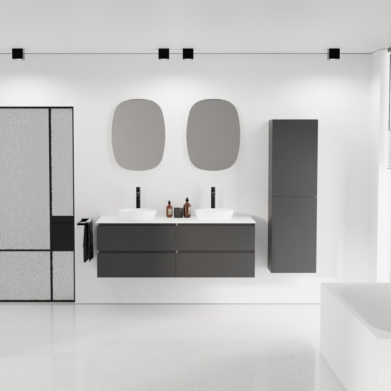 Balmani Mitra zwevend badkamermeubel 150 x 55 cm mat zwart met Stretto enkel of dubbel tablet in solid surface mat wit