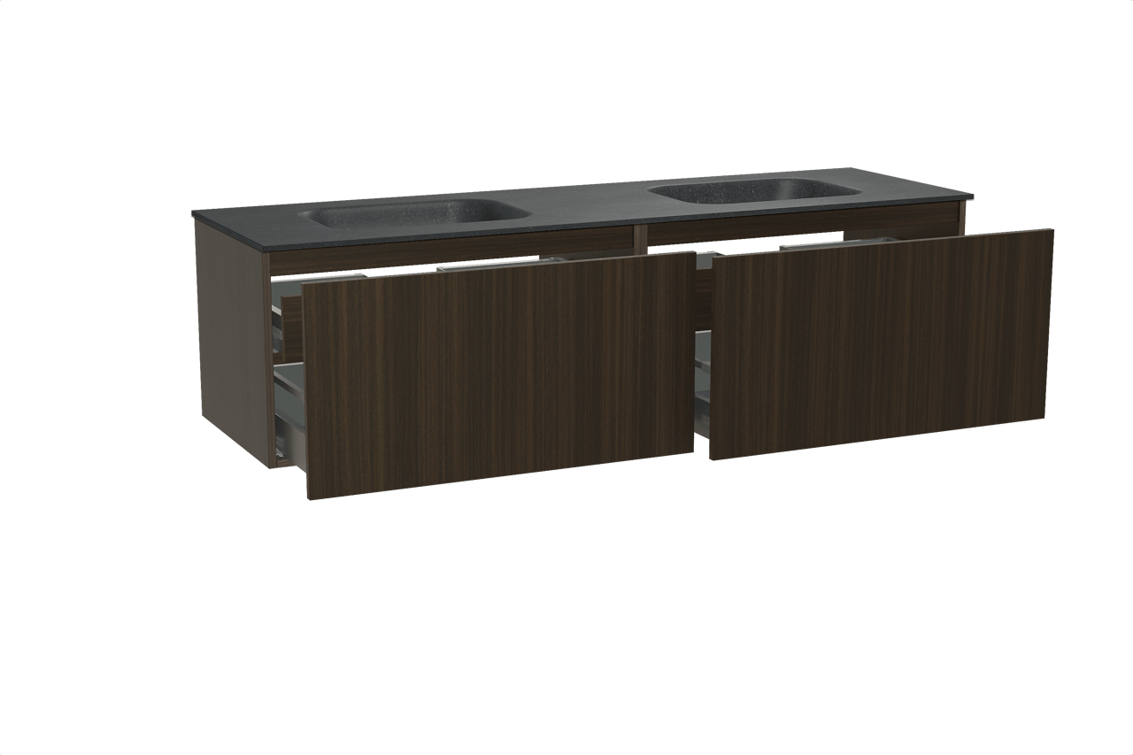 Balmani Sfera zwevend badmeubel 180 x 55 cm eucalyptus met Tablo Arcato dubbele wastafel in zwart graniet