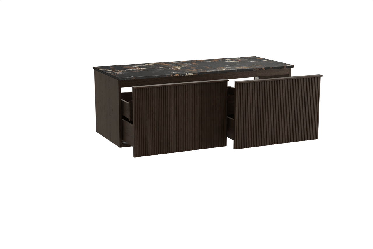 Balmani Forma meuble salle de bains suspendu 135 x 55 cm chêne fumé avec Stretto tablette simple ou double en marbre portoro gold, Nervure droite symétrique verticale