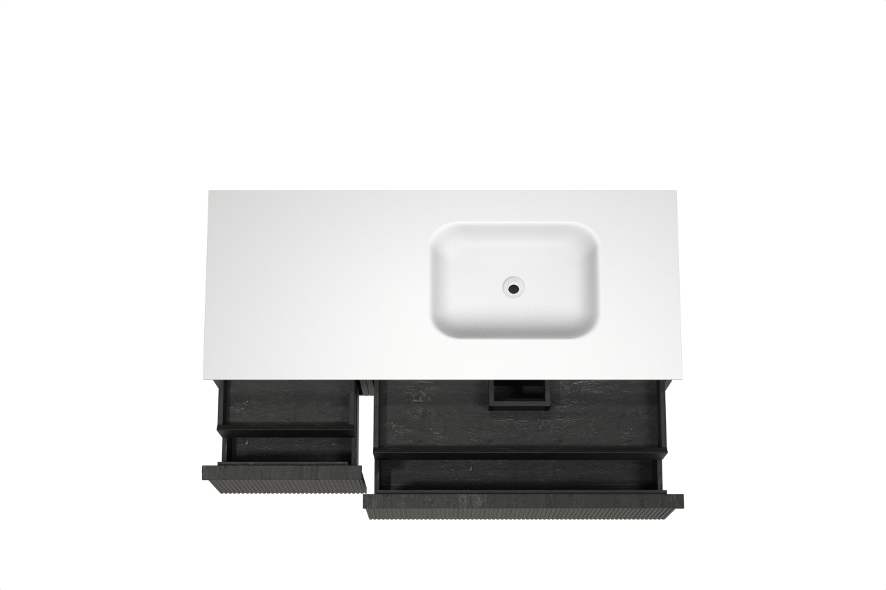 Balmani Forma meuble salle de bains suspendu 135 x 55 cm chêne noir avec Tablo Arcato vasque asymétrique droite en solid surface blanc mat, Nervure droite symétrique verticale
