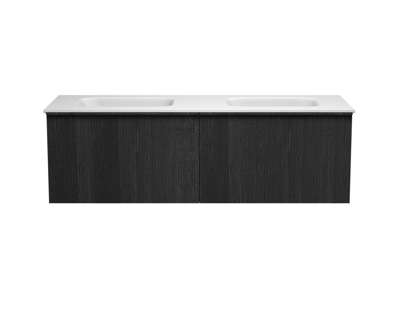 Balmani Forma meuble salle de bains suspendu 150 x 55 cm chêne noir avec Tablo Arcato double vasque en solid surface blanc mat Nervure droite symétrique verticale