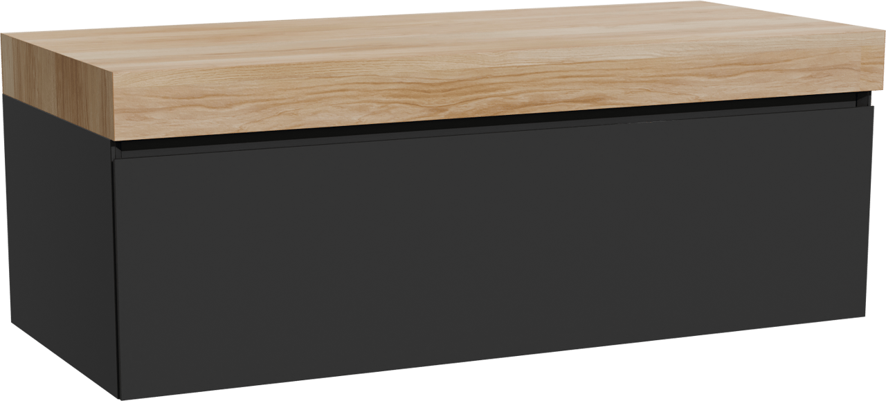 Storke Edge zwevend badmeubel 120 x 52 cm mat zwart met Kada enkel of dubbel wastafelblad in hpl rustiek teakhout