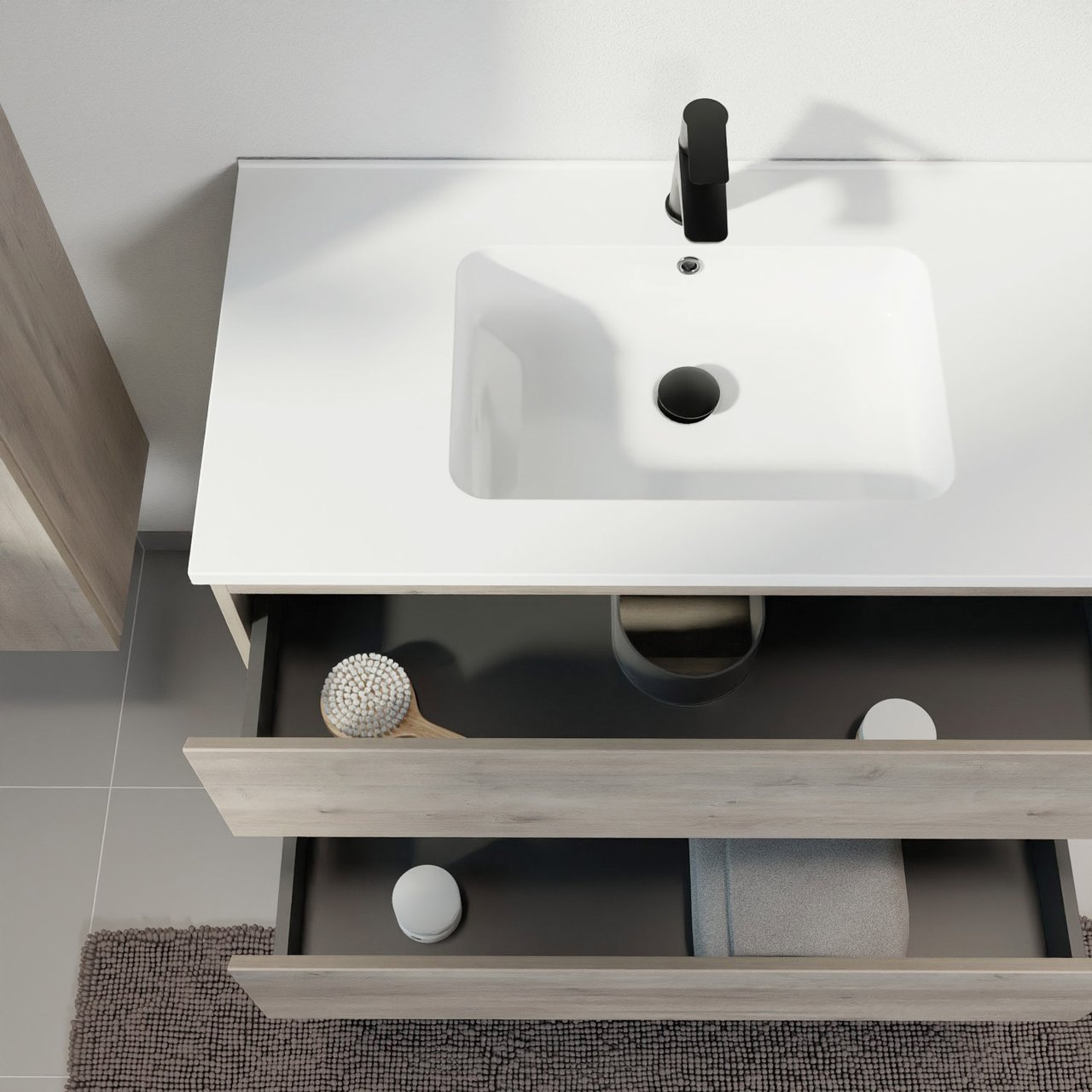 Linie Lado zwevend badmeubel 100 x 46 cm grijs eiken met Vano enkele wastafel in composietmarmer hoogglans wit