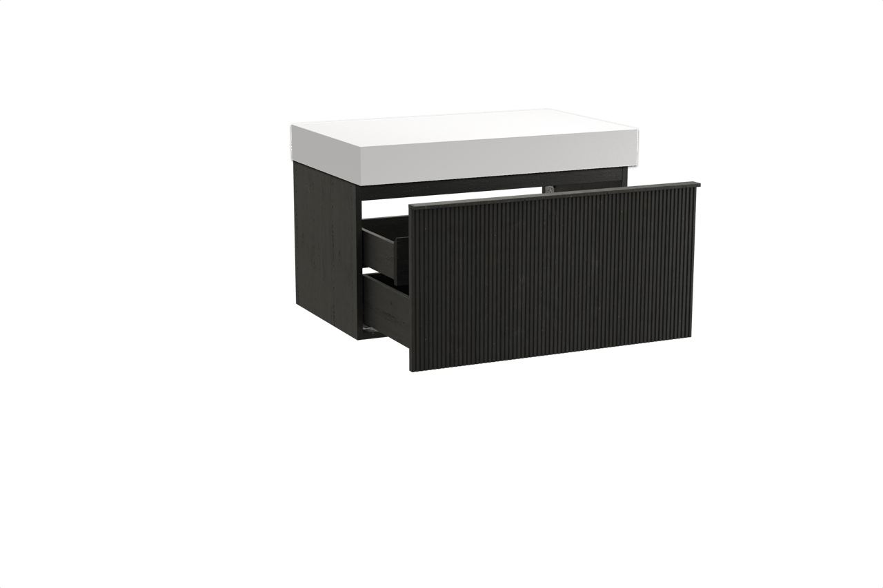 Balmani Forma zwevend badkamermeubel 90 x 55 cm zwarte eik met Dominus enkel tablet in solid surface mat wit, Verticale symmetrische rechte ribbel