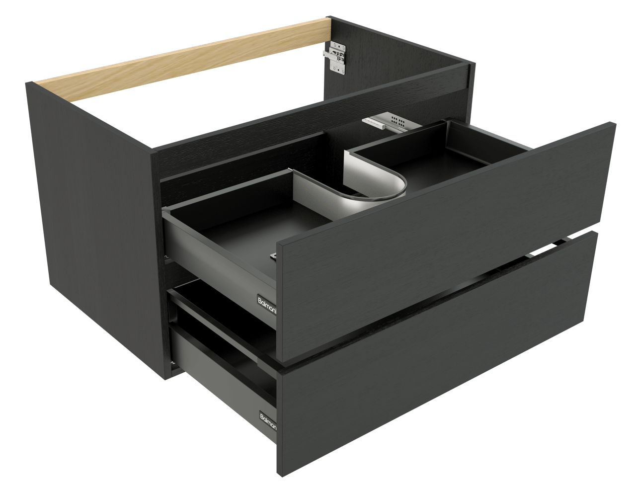 Balmani Lucida hängender Waschbeckenunterschrank: 90 x 55 cm, Eiche Schwarz, 2 Schubladen
