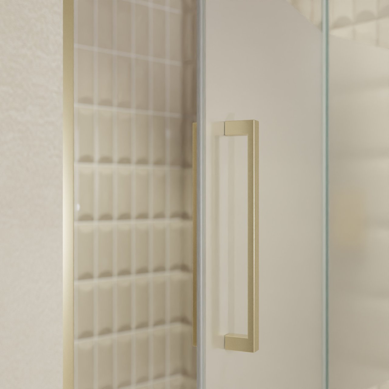 Balmani Senses Design Dusche Drehtür, Rechts, 120 cm x 210 cm, Klarglas mit mattiertem Streifen, Profil Brushed Champagner Gold