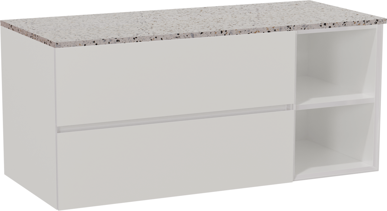 Storke Edge zwevend badmeubel 120 x 52 cm hoogglans wit met Tavola enkel of dubbel wastafelblad in mat wit/zwart terrazzo