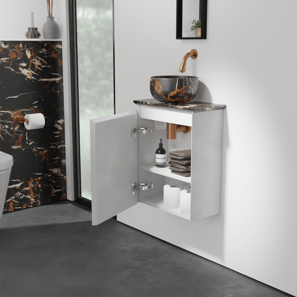 Balmani Mitra meuble wc suspendu 42 x 21 cm blanc mat avec Facetta tablette et Bowl vaque à poser en marbre Portoro Gold