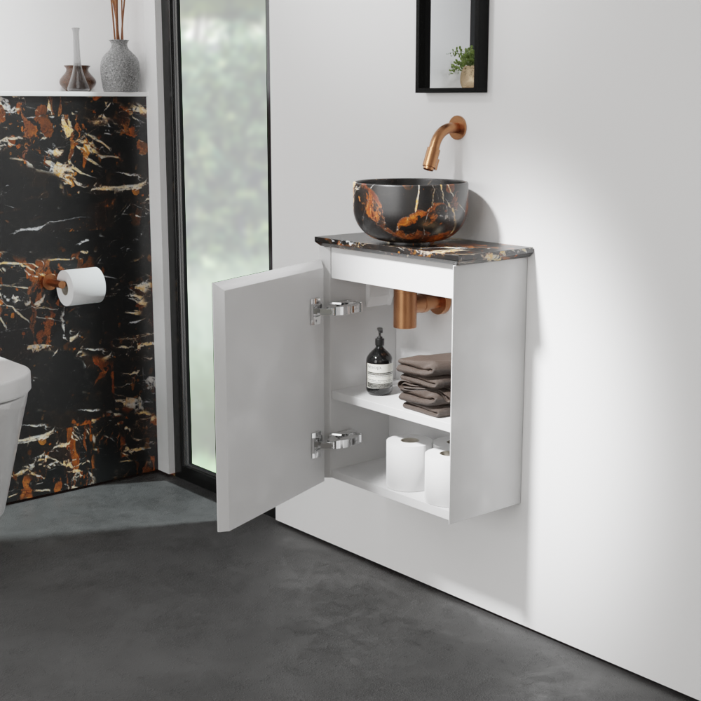 Balmani Mitra meuble wc suspendu 42 x 21 cm blanc mat avec Facetta tablette et Bowl vaque à poser en marbre Portoro Gold