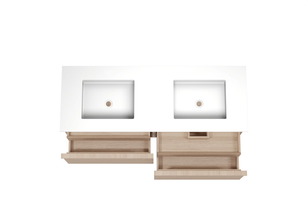 Balmani Forma hängendes Möbelstück Set: 150 x 55 cm, Naturbelassene Eiche, mit Tablo Stretto Doppelwaschtisch, Solid Surface, Weiß matt, Horizontale symmetrische gerade Rippe