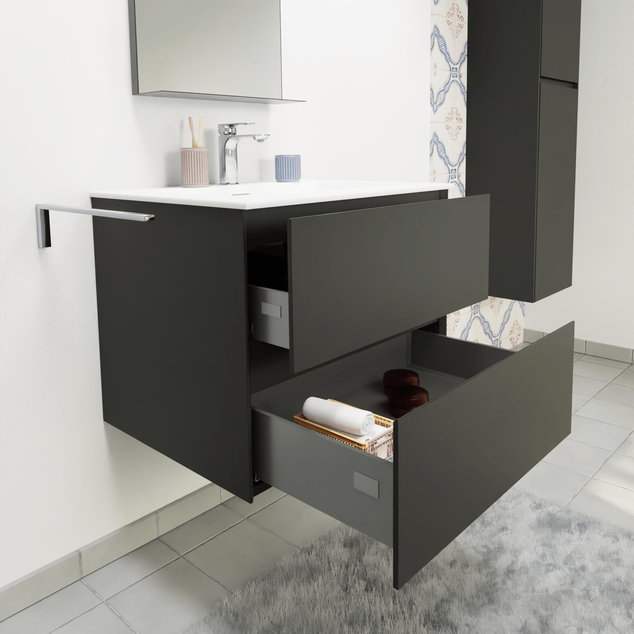 Storke Edge zwevend badmeubel 65 x 52 cm mat zwart met Mata enkele wastafel in solid surface mat wit