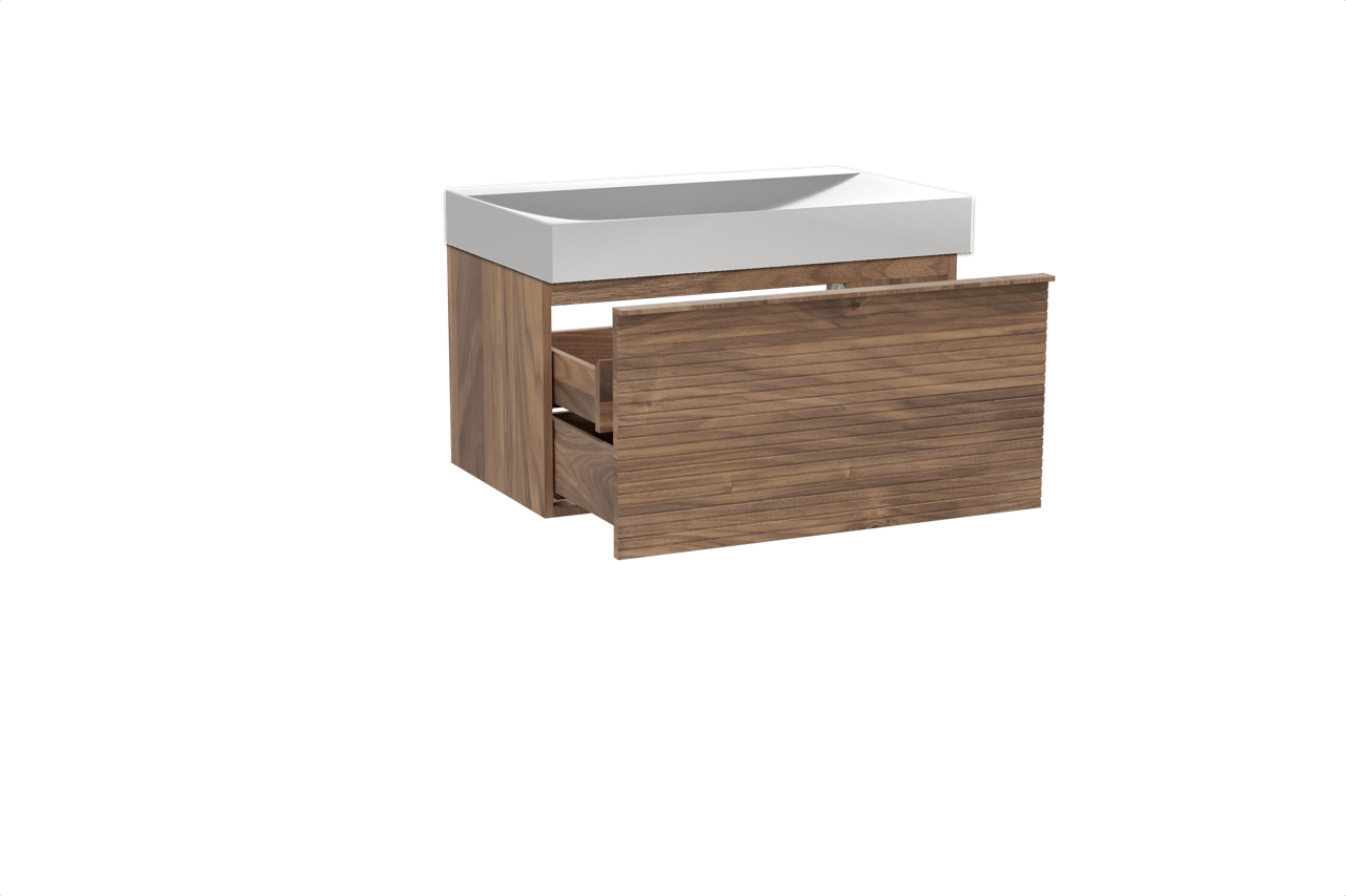 Balmani Forma zwevend badkamermeubel 90 x 55 cm amerikaanse notelaar met Wave enkele wastafel in solid surface mat wit, Horizontale symmetrische rechte ribbel