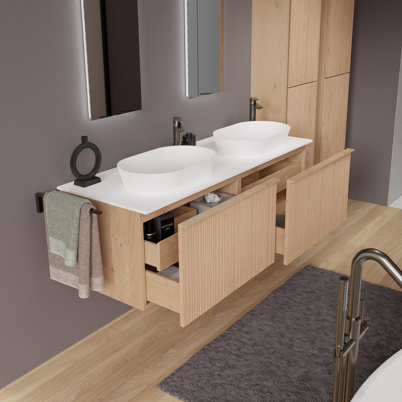 Balmani Forma zwevend badkamermeubel 150 x 55 cm natuur eik met Stretto enkel of dubbel tablet in solid surface mat wit, Verticale asymmetrische ronde ribbel