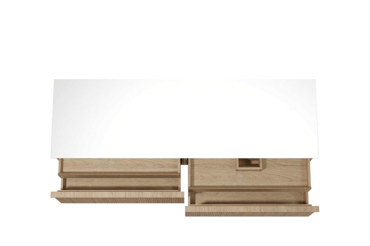 Balmani Forma zwevend badkamermeubel 180 x 55 cm natuur eik met Stretto enkel of dubbel tablet in solid surface mat wit, Verticale symmetrische rechte ribbel