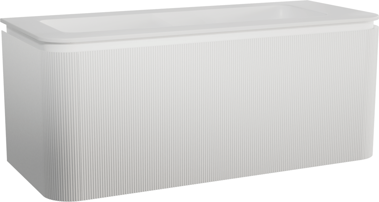 Balmani Moon hängendes Möbelstück Set: 130 x 55 cm, Weiß matt, mit Moon Einzel- oder Doppel Waschtischplatte, Solid Surface, Weiß matt, Vertikale symmetrische gerade Rippe