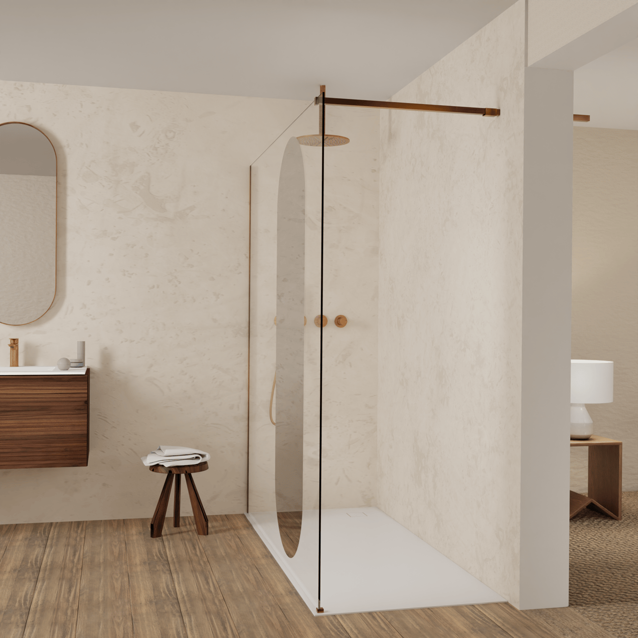 Balmani Modular Walk-In Dusche: 180 x 200 cm, Reflex-Spiegelglas Oval, Profil Brushed Rosegold