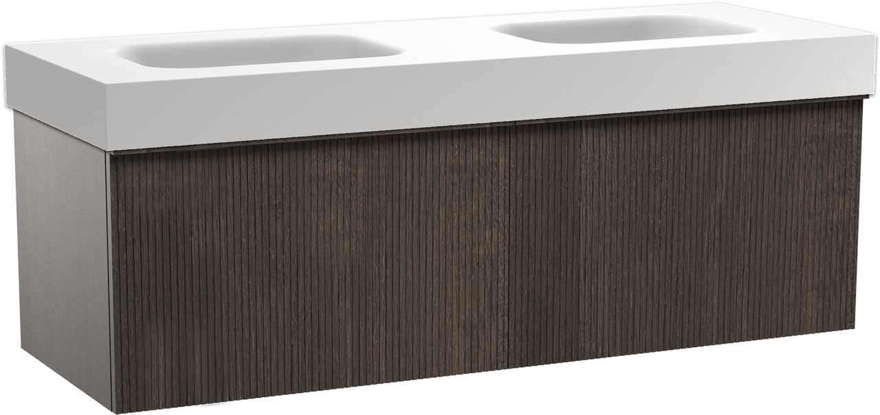 Balmani Forma meuble salle de bains suspendu 150 x 55 cm chêne fumé avec Arcato double vasque en solid surface blanc mat, Nervure droite symétrique verticale