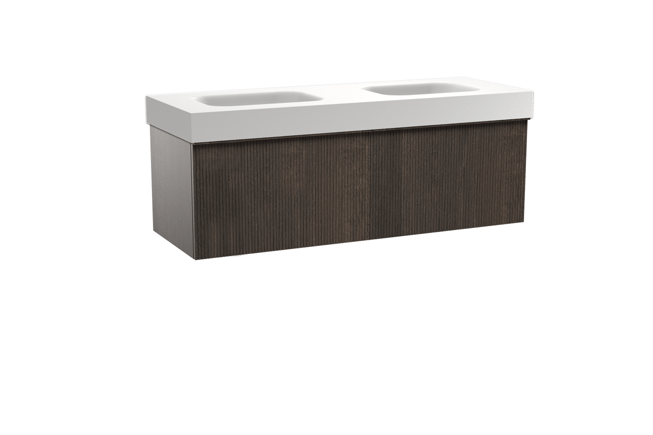 Balmani Forma hängendes Möbelstück Set: 150 x 55 cm, Geräucherte Eiche, mit Arcato Doppelwaschtisch, Solid Surface, Weiß matt, Vertikale symmetrische gerade Rippe