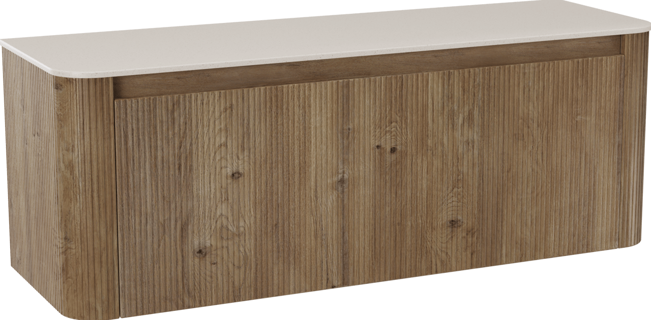 Storke Soft hängendes Möbelstück Set: 140 x 46 cm, Eiche rau, mit Tavola Soft Einzel- oder Doppel Waschtischplatte Solid Surface Beige Granit, Vertikale symmetrische gerade Rippe