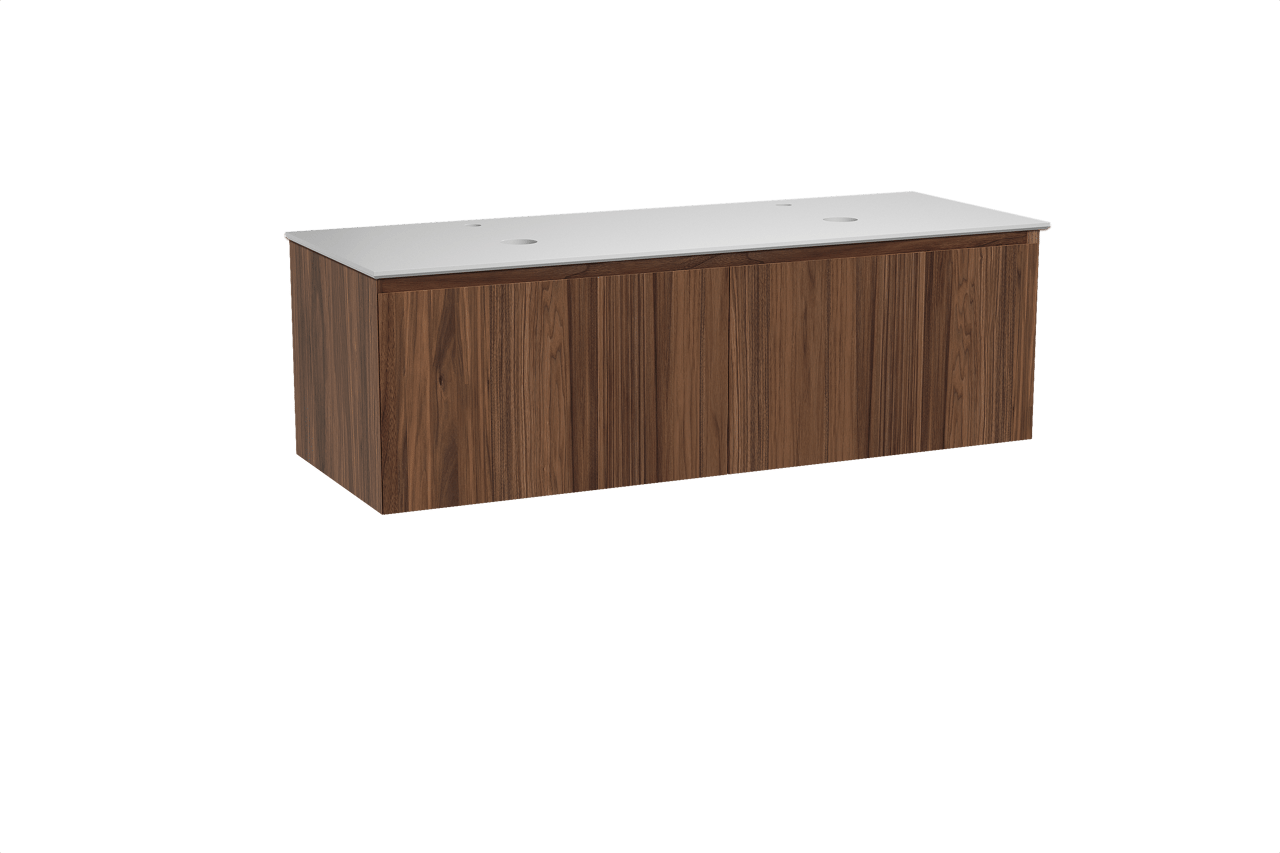 Balmani Idra hängendes Möbelstück Set: 150 x 55 cm, Nussbaum, mit Facetta Doppel Waschtischplatte, Solid Surface Weiß matt