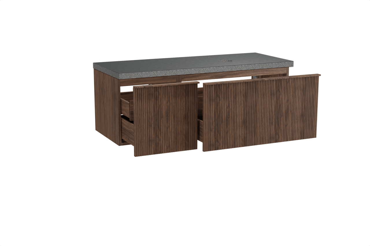 Balmani Forma zwevend badmeubel 135 x 55 cm amerikaans notenhout met Rock asymmetrisch rechtse wastafel in zwart graniet, Verticale symmetrische rechte ribbel