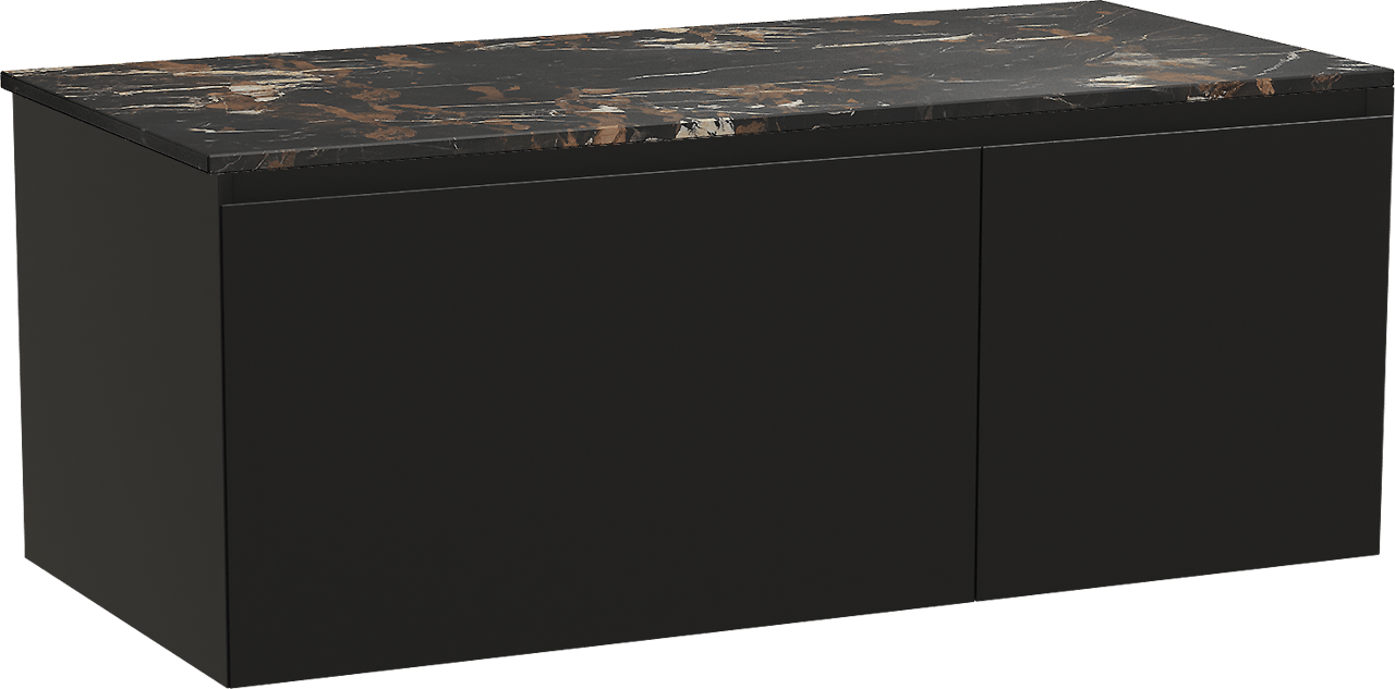 Balmani Idra hängendes Möbelstück Set: 120 x 55 cm, Schwarz matt, mit Stretto Einzel Waschtischplatte, Marmor Portoro Gold