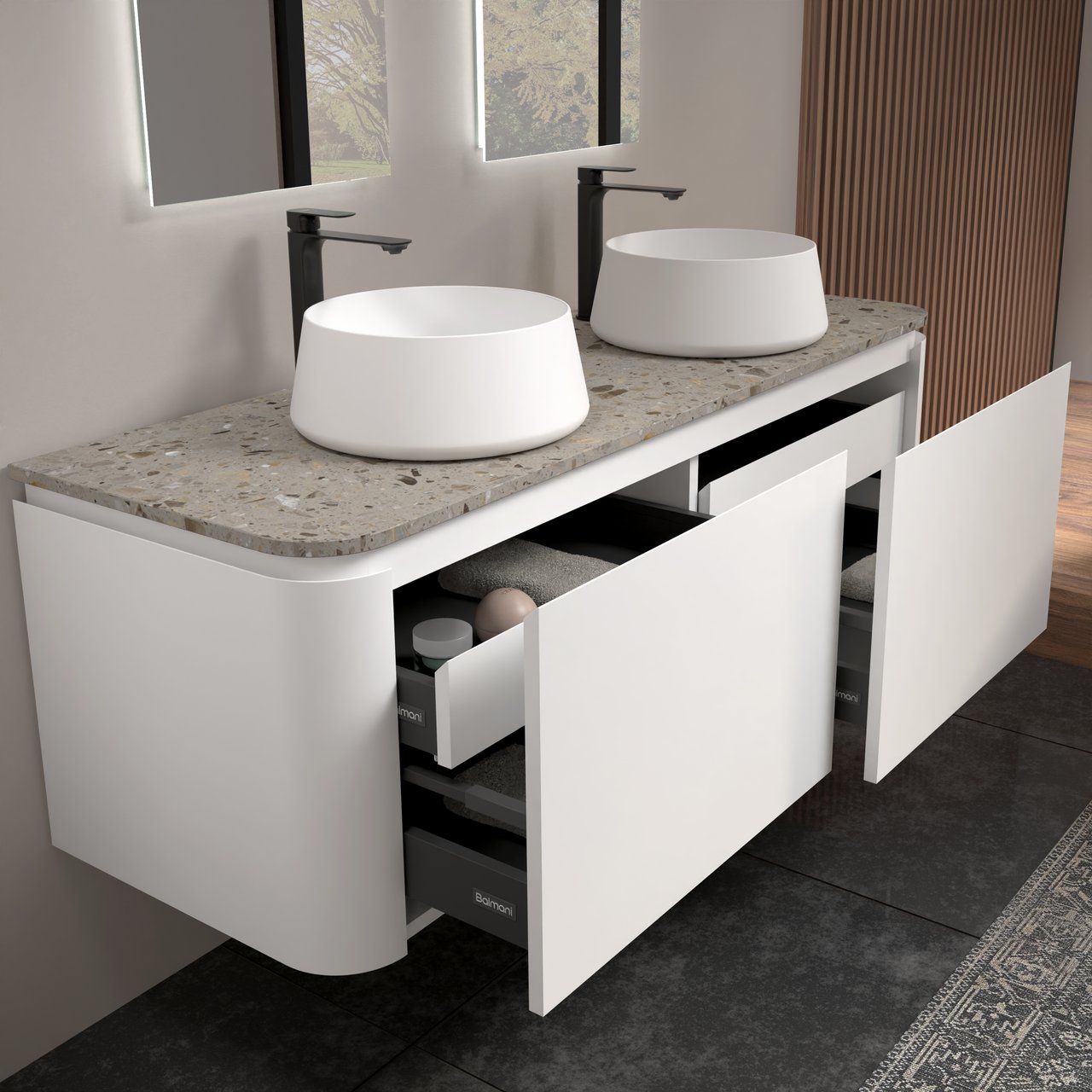 Balmani Moon hängendes Möbelstück Set: 160 x 55 cm, Weiß matt, mit Moon Einzel- oder Doppel Waschtischplatte, Terrazzo in Greige