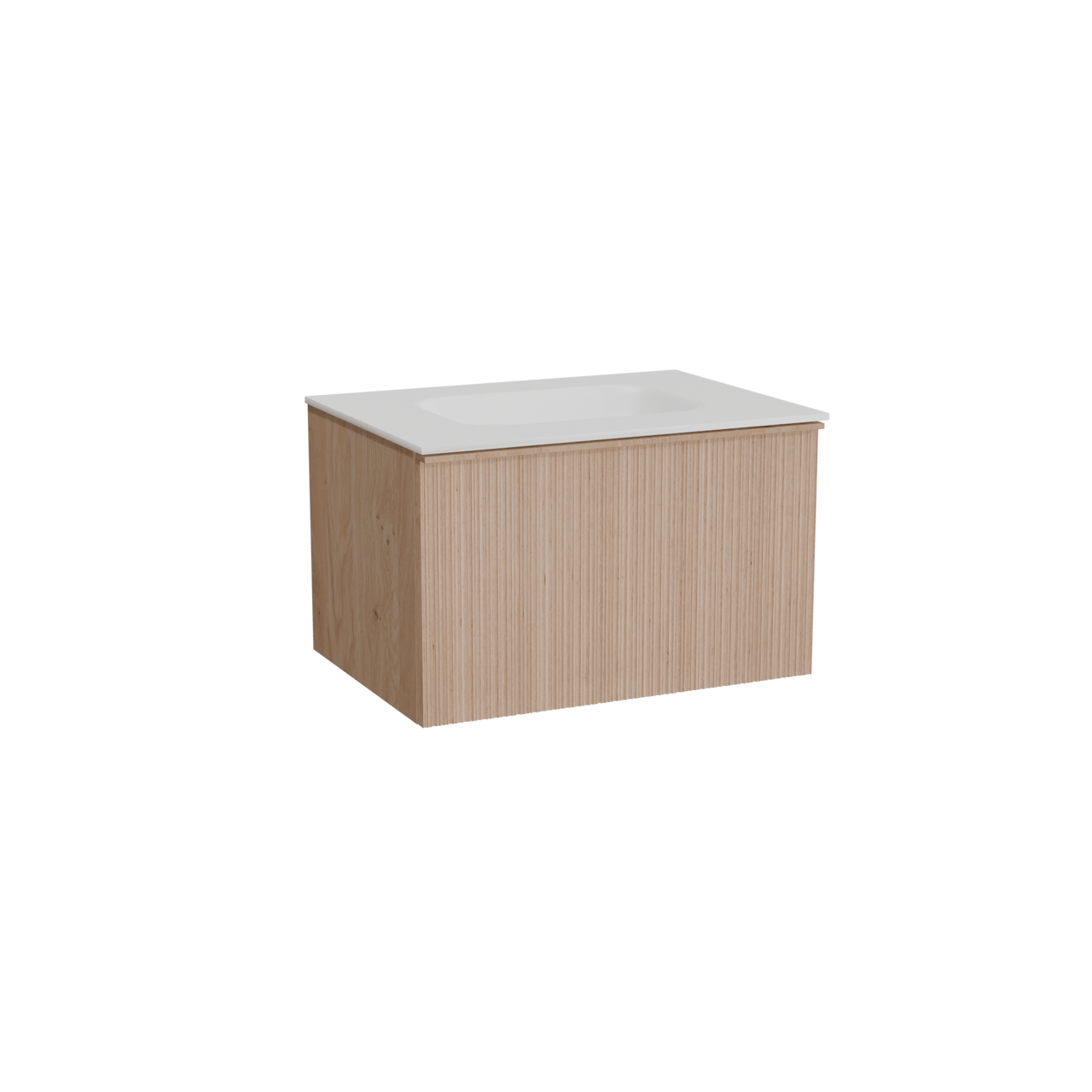 Balmani Forma hängendes Möbelstück Set: 75 x 55 cm, Naturbelassene Eiche, mit Tablo Arcato Einzelwaschtisch, Solid Surface, Weiß matt, Vertikale asymmetrische Runde Rippe