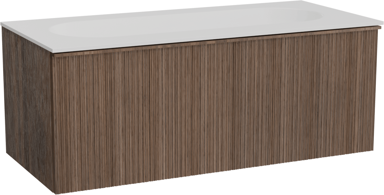 Balmani Forma zwevend badmeubel 120 x 55 cm amerikaans notenhout met Tablo Oval enkele wastafel voor 2 kraangaten in solid surface mat wit, Verticale asymmetrische ronde ribbel