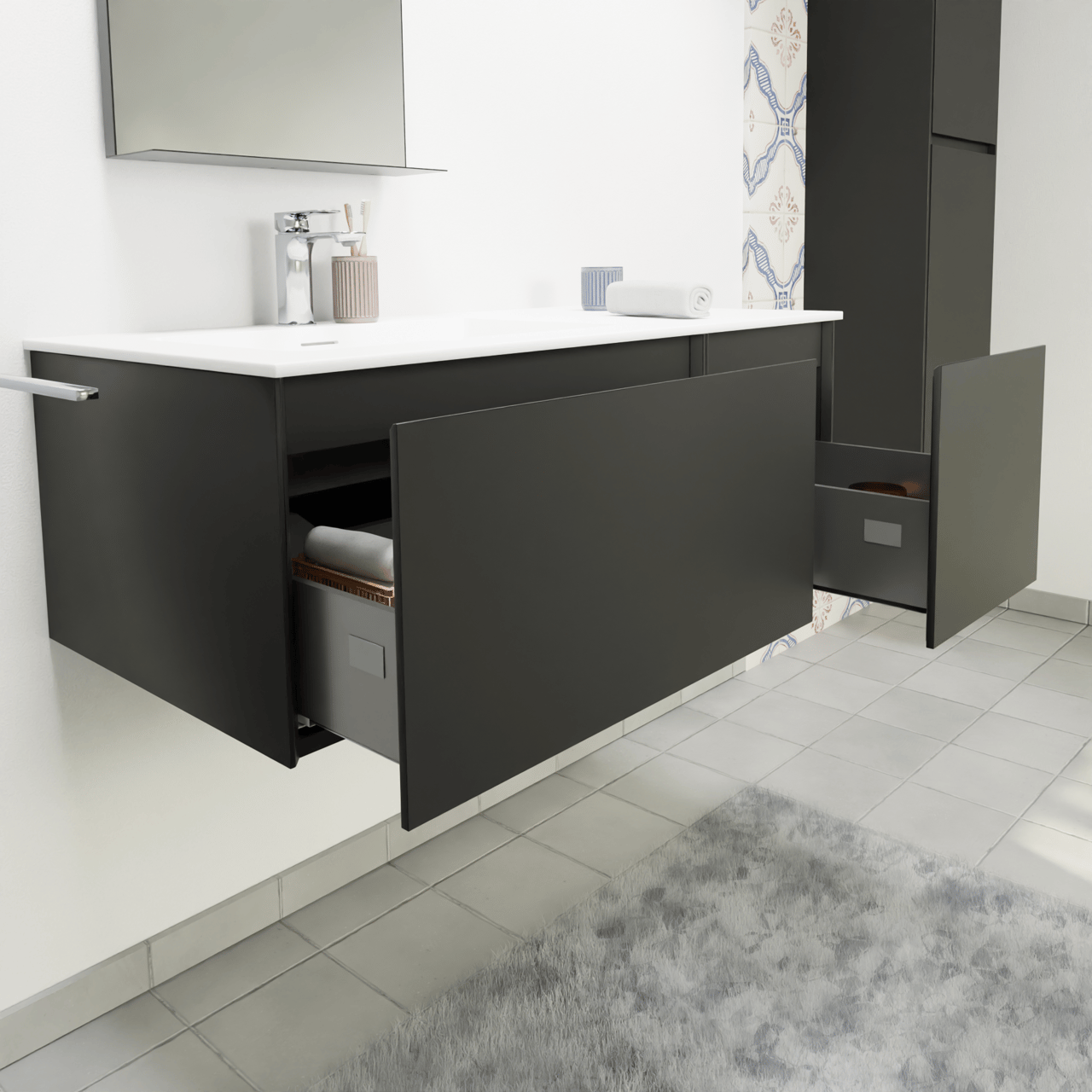 Storke Edge hängendes Möbelstück Set: 100 x 52 cm, Schwarz matt, mit Mata Waschtisch links, Solid Surface Weiß matt