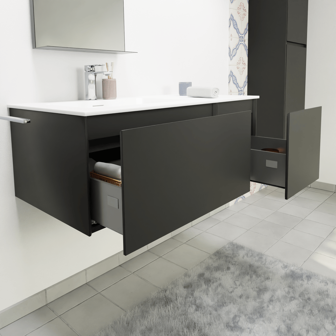 Storke Edge hängendes Möbelstück Set: 100 x 52 cm, Schwarz matt, mit Mata Waschtisch links, Solid Surface Weiß matt