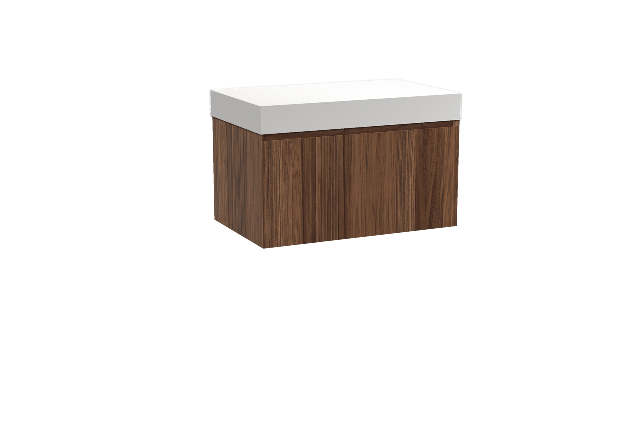 Balmani Idra hängendes Möbelstück Set: 90 x 55 cm, Nussbaum, mit Dominus Einzel Waschtischplatte, Solid Surface Weiß matt