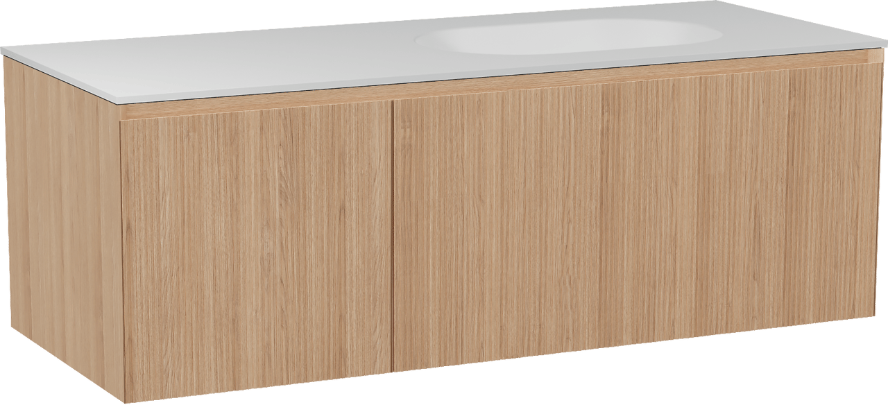 Balmani Fila meuble salle de bains suspendu 135 x 55 cm chêne naturel avec Tablo Oval vasque asymétrique droite en solid surface blanc mat, Nervure droite symétrique verticale