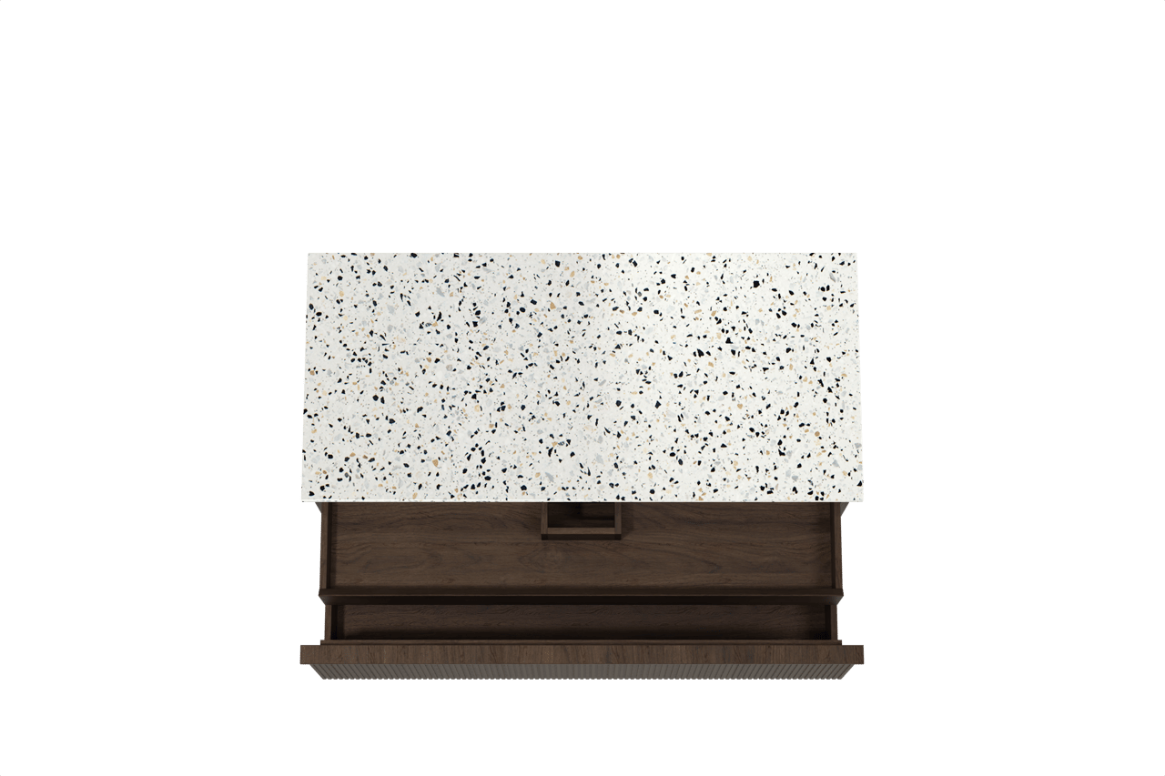 Balmani Forma zwevend badkamermeubel 120 x 55 cm gerookte eik met Stretto enkel of dubbel tablet in mat wit/zwart terrazzo, Verticale symmetrische rechte ribbel