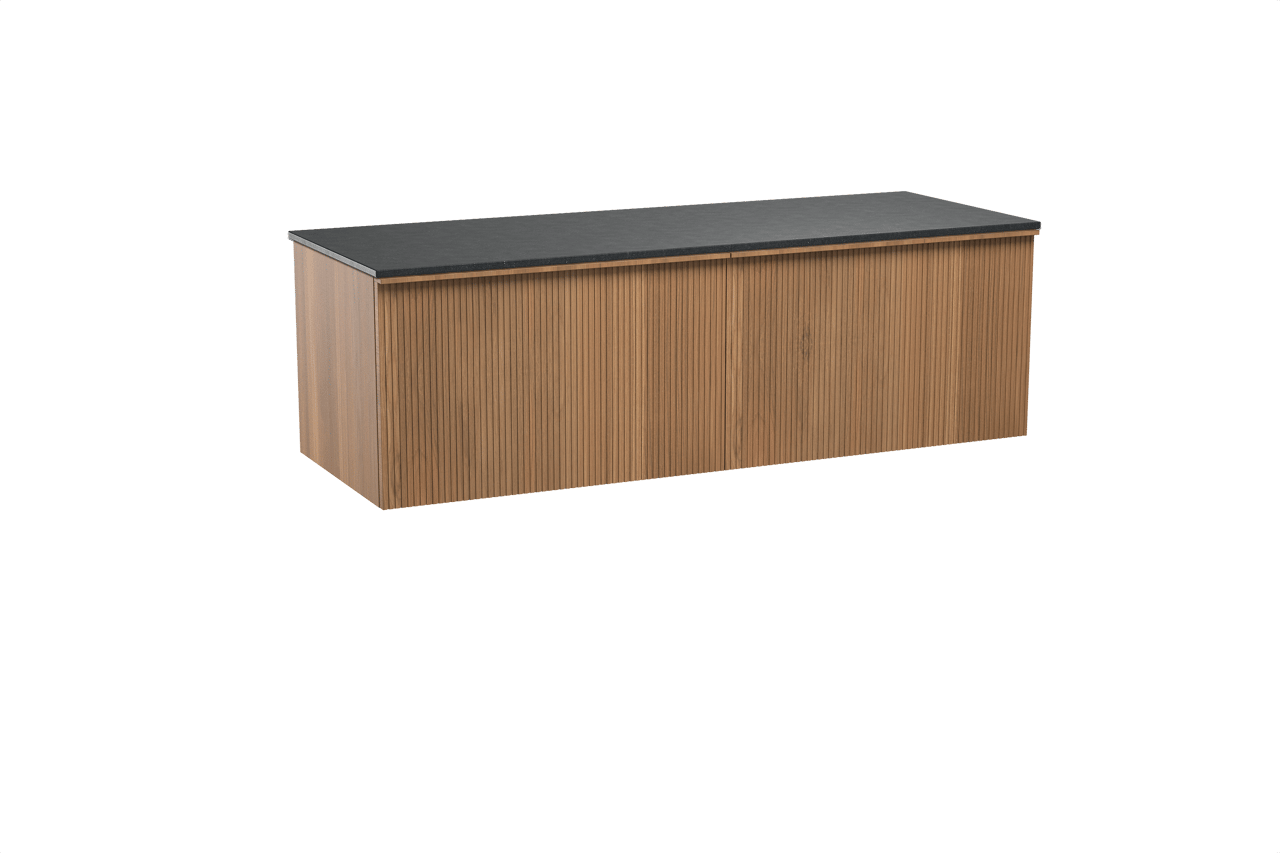 Balmani Forma hängendes Möbelstück Set: 150 x 55 cm, Teak, mit Stretto Einzel- oder Doppel Waschtischplatte, Granit, Schwarzes Granit, Vertikale symmetrische gerade Rippe