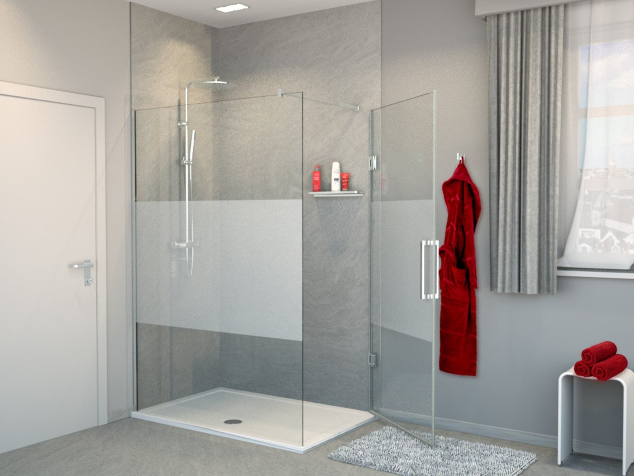 Balmani Modular douche de plain-pied avec porte droite 140 x 200 cm verre transparent avec bande matte profil chrome brillant