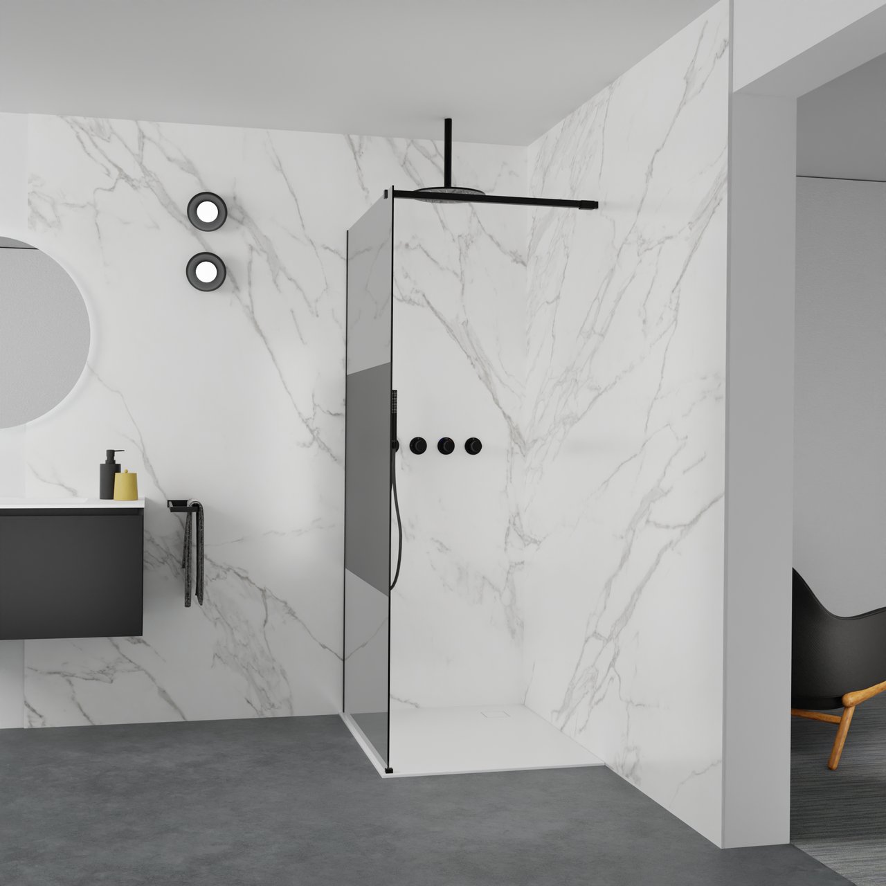 Balmani Modular inloopdouche: 100 x 200 cm, Rookglas met matte strook met coating, Mat zwarte profielen