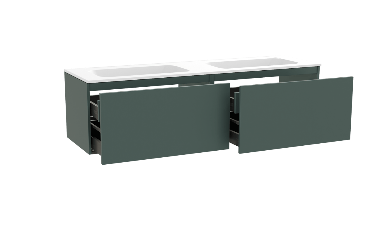 Balmani Sfera zwevend badkamermeubel 180 x 55 cm forest met Tablo Strada dubbele wastafel in composietmarmer mat wit