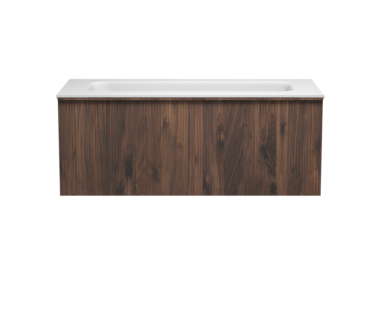 Balmani Forma hängendes Möbelstück Set: 120 x 55 cm, Amerikanischer Nussbaum, mit Tablo Arcato Einzelwaschtisch für 2 Armaturenlöcher, Solid Surface, Weiß matt, Vertikale symmetrische gerade Rippe